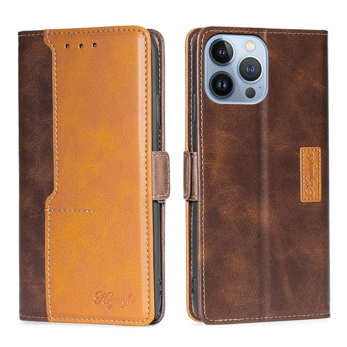 iPhone 14 Pro Max Contrast Color Side Buckle Leather Phone Case  - Dark Brown + Gold