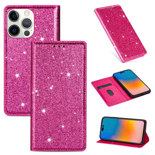 iPhone 14 Pro Max Ultrathin Glitter Magnetic Leather Case - Rose Red