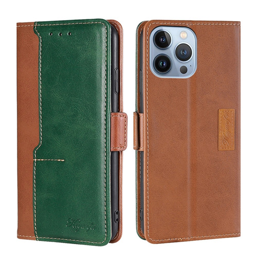 iPhone 14 Pro Max Contrast Color Side Buckle Leather Phone Case  - Light Brown + Green