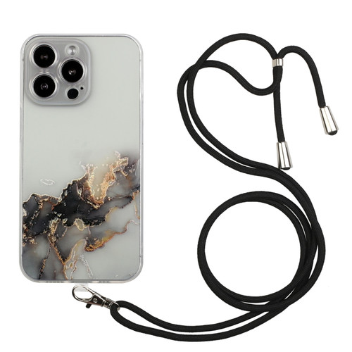 iPhone 14 Pro Max Hollow Marble Pattern TPU Shockproof Protective Case with Neck Strap Rope - Black