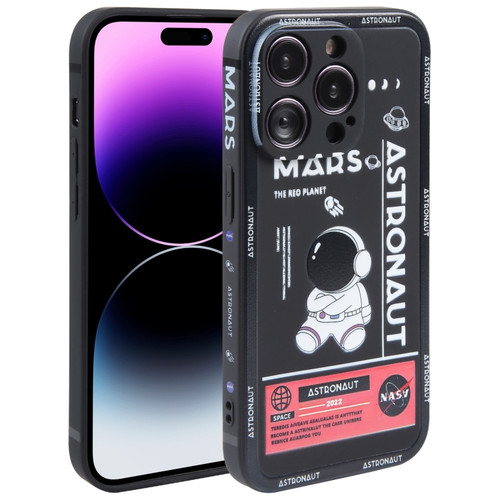 iPhone 14 Pro Astronaut Pattern Silicone Straight Edge Phone Case - Mars Astronaut-Black