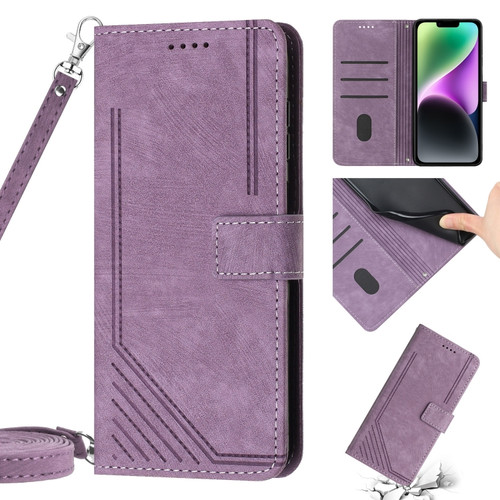 iPhone 14 Pro Skin Feel Stripe Pattern Leather Phone Case with Lanyard - Purple