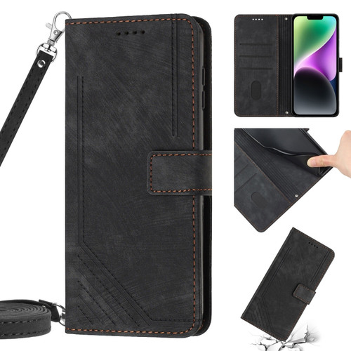 iPhone 14 Pro Skin Feel Stripe Pattern Leather Phone Case with Lanyard - Black