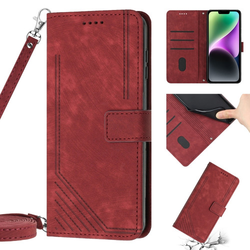iPhone 14 Pro Skin Feel Stripe Pattern Leather Phone Case with Lanyard - Red