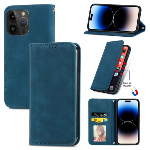 iPhone 14 Pro Retro Skin Feel Magnetic Flip Leather Phone Case - Blue