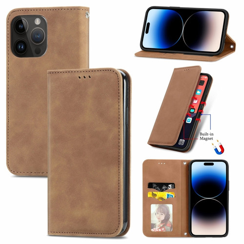 iPhone 14 Pro Retro Skin Feel Magnetic Flip Leather Phone Case - Brown