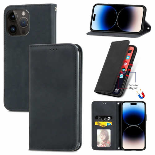 iPhone 14 Pro Retro Skin Feel Magnetic Flip Leather Phone Case - Black