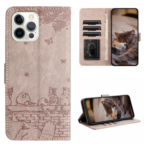 iPhone 14 Pro Cat Embossing Pattern Leather Phone Case with Lanyard - Grey
