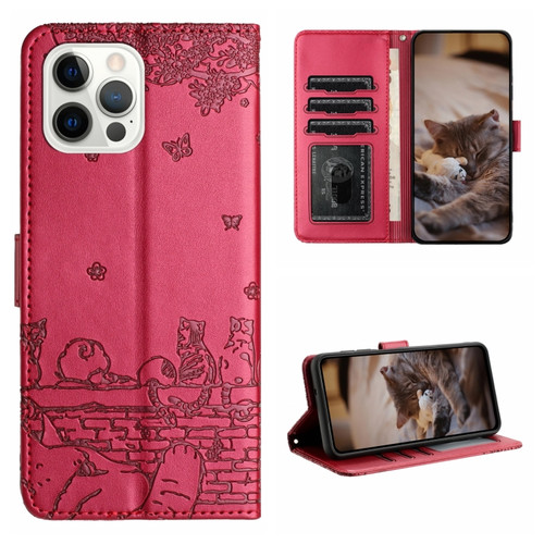iPhone 14 Pro Cat Embossing Pattern Leather Phone Case with Lanyard - Red