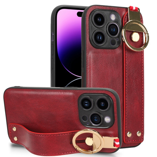 iPhone 14 Pro Wristband Leather Back Phone Case - Red
