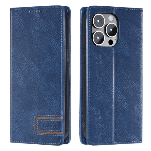 iPhone 14 Pro TTUDRCH RFID Retro Texture Magnetic Leather Phone Case - Blue