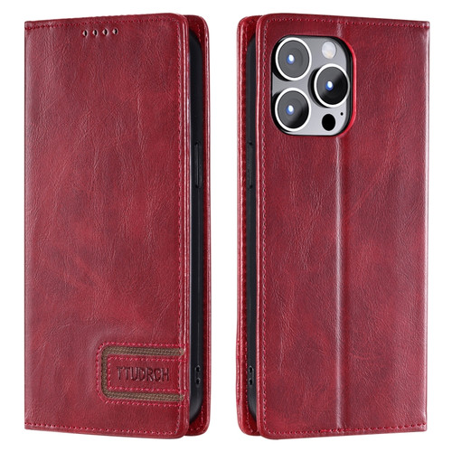 iPhone 14 Pro TTUDRCH RFID Retro Texture Magnetic Leather Phone Case - Red