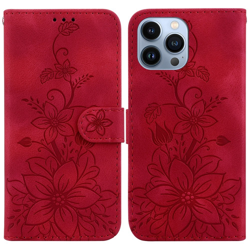 iPhone 14 Pro Lily Embossed Leather Phone Case - Red