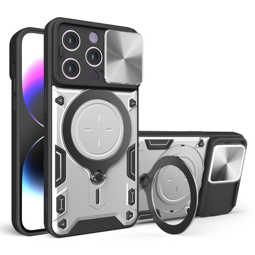 iPhone 14 Pro CD Texture Sliding Camshield Magnetic Holder Phone Case - Silver