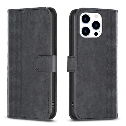 iPhone 14 Pro Plaid Embossed Leather Phone Case - Black