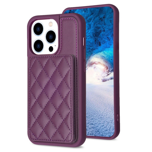 iPhone 14 Pro BF25 Square Plaid Card Bag Holder Phone Case - Dark Purple