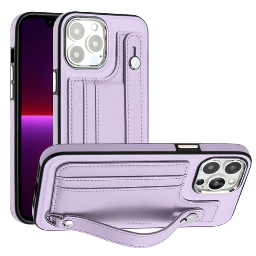 iPhone 14 Pro Shockproof Leather Phone Case with Wrist Strap - Purple