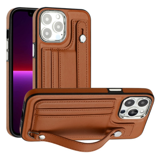 iPhone 14 Pro Shockproof Leather Phone Case with Wrist Strap - Brown
