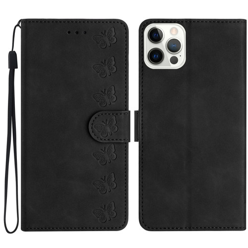 iPhone 14 Pro Seven Butterflies Embossed Leather Phone Case - Black