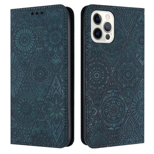 iPhone 14 Pro Ethnic Embossed Adsorption Leather Phone Case - Blue