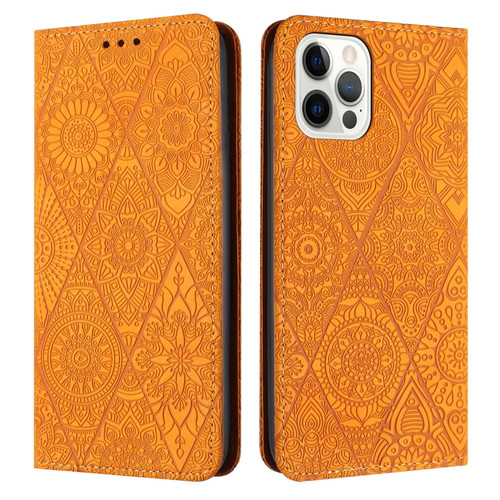 iPhone 14 Pro Ethnic Embossed Adsorption Leather Phone Case - Yellow