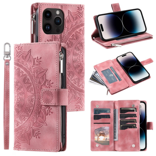 iPhone 14 Pro Multi-Card Totem Zipper Leather Phone Case - Pink