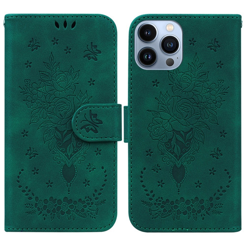 iPhone 14 Pro Butterfly Rose Embossed Leather Phone Case - Green