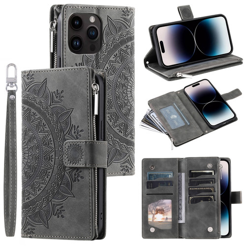 iPhone 14 Pro Multi-Card Totem Zipper Leather Phone Case - Grey