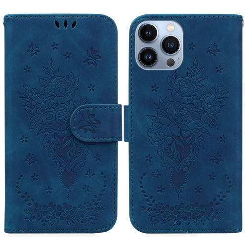 iPhone 14 Pro Butterfly Rose Embossed Leather Phone Case - Blue