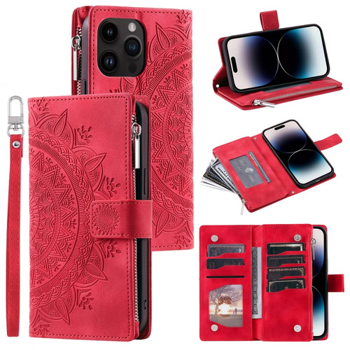 iPhone 14 Pro Multi-Card Totem Zipper Leather Phone Case - Red