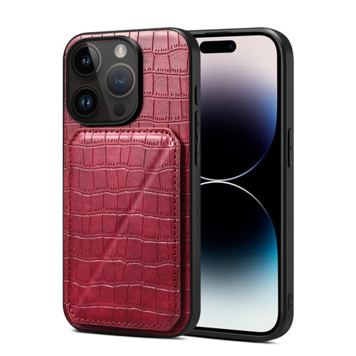 iPhone 14 Pro Imitation Crocodile Leather Back Phone Case with Holder - Rose Red