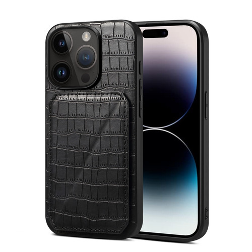 iPhone 14 Pro Imitation Crocodile Leather Back Phone Case with Holder - Black