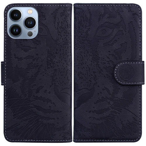 iPhone 14 Pro Tiger Embossing Pattern Leather Phone Case - Black