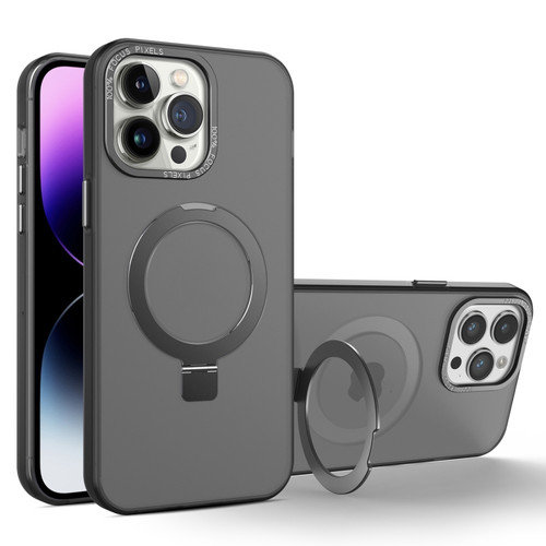 iPhone 14 Pro MagSafe Metal Holder Frosted Translucent Phone Case - Black