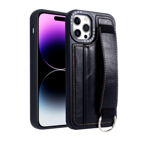 iPhone 14 Pro Photo Frame Card Wallet Wrist Strap Holder Back Cover Phone Case - Black