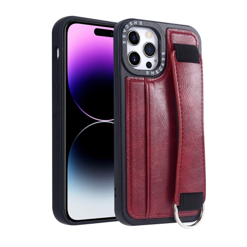 iPhone 14 Pro Photo Frame Card Wallet Wrist Strap Holder Back Cover Phone Case - Red