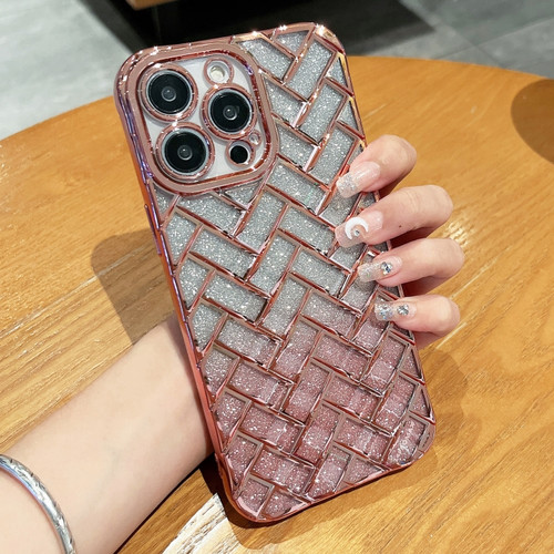 iPhone 14 Pro Woven Grid 3D Electroplating Laser Engraving Glitter Paper Phone Case - Rose Gold