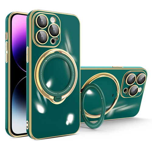 iPhone 14 Pro Multifunction Electroplating MagSafe Holder Phone Case - Dark Green
