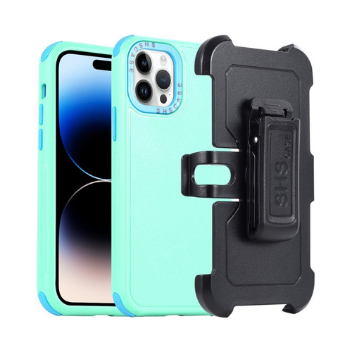 iPhone 14 Pro 3 in 1 PC + TPU Sliding Sleeve Phone Case - Grass Green+Sky Blue