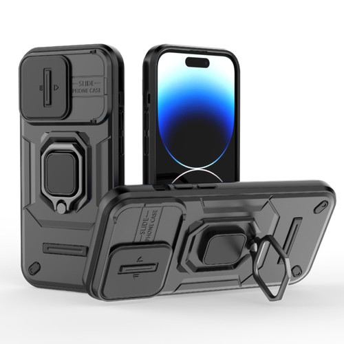 iPhone 14 Pro Sliding Camshield TPU + PC Shockproof Phone Case with Holder - Black
