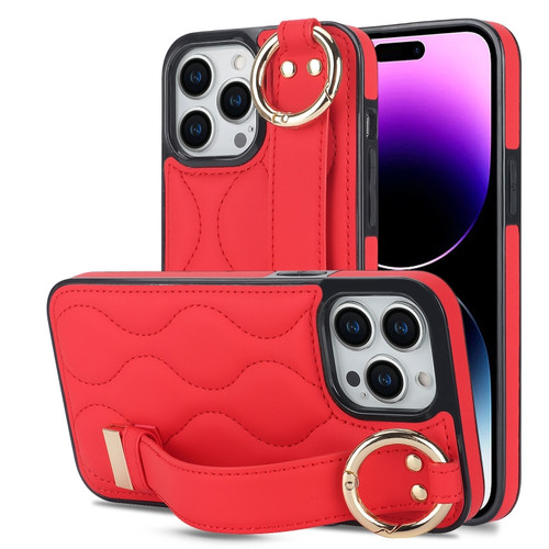 iPhone 14 Pro Non-slip Full Coverage Ring PU Phone Case with Wristband - Red