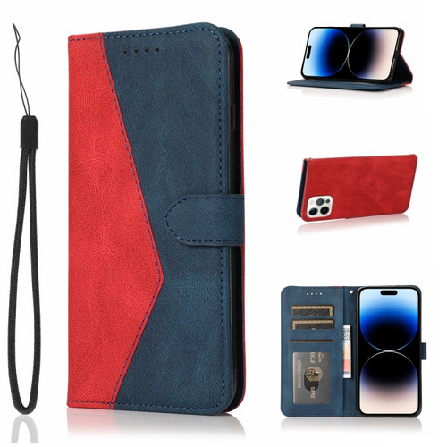 iPhone 14 Pro Dual-color Stitching Leather Phone Case - Red Blue