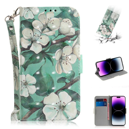 iPhone 14 Pro 3D Colored Horizontal Flip Leather Phone Case - Watercolor Flower