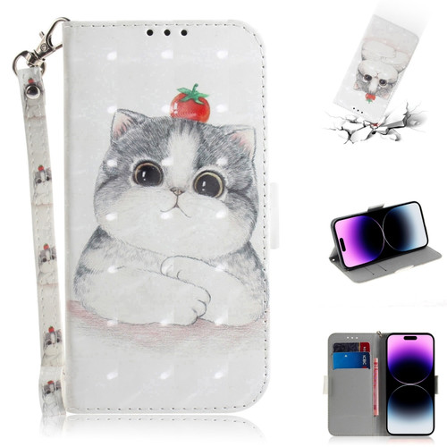 iPhone 14 Pro 3D Colored Horizontal Flip Leather Phone Case - Cute Cat