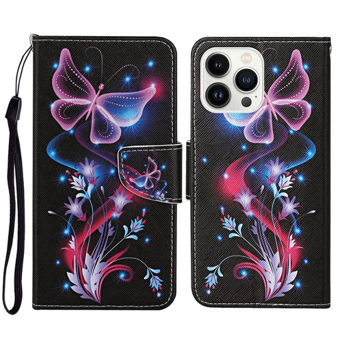 iPhone 14 Pro 3D Colored Drawing Flip Leather Phone Case - Fluorescent Butterfly