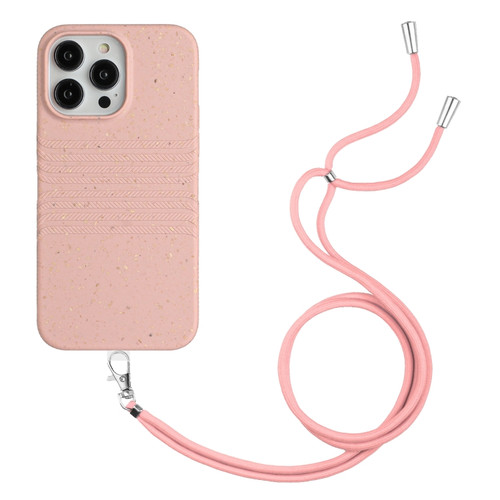 iPhone 14 Pro Wheat Straw Material Degradable TPU Phone Case with Lanyard - Pink