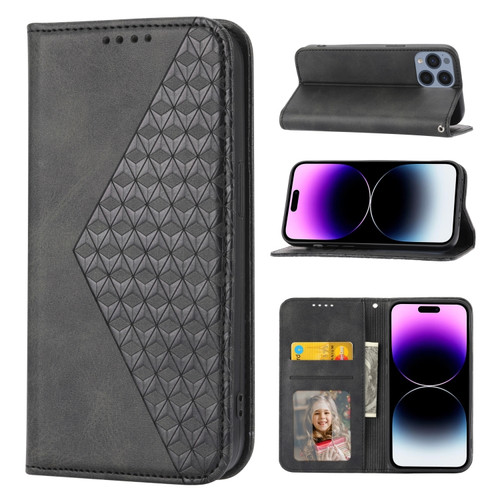 iPhone 14 Pro Cubic Grid Calf Texture Magnetic Closure Leather Phone Case - Black