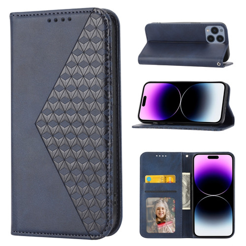 iPhone 14 Pro Cubic Grid Calf Texture Magnetic Closure Leather Phone Case - Blue