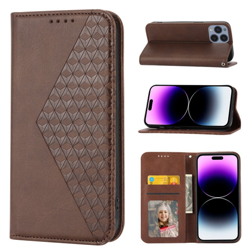 iPhone 14 Pro Cubic Grid Calf Texture Magnetic Closure Leather Phone Case - Brown