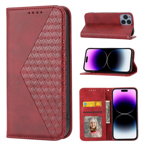 iPhone 14 Pro Cubic Grid Calf Texture Magnetic Closure Leather Phone Case - Red